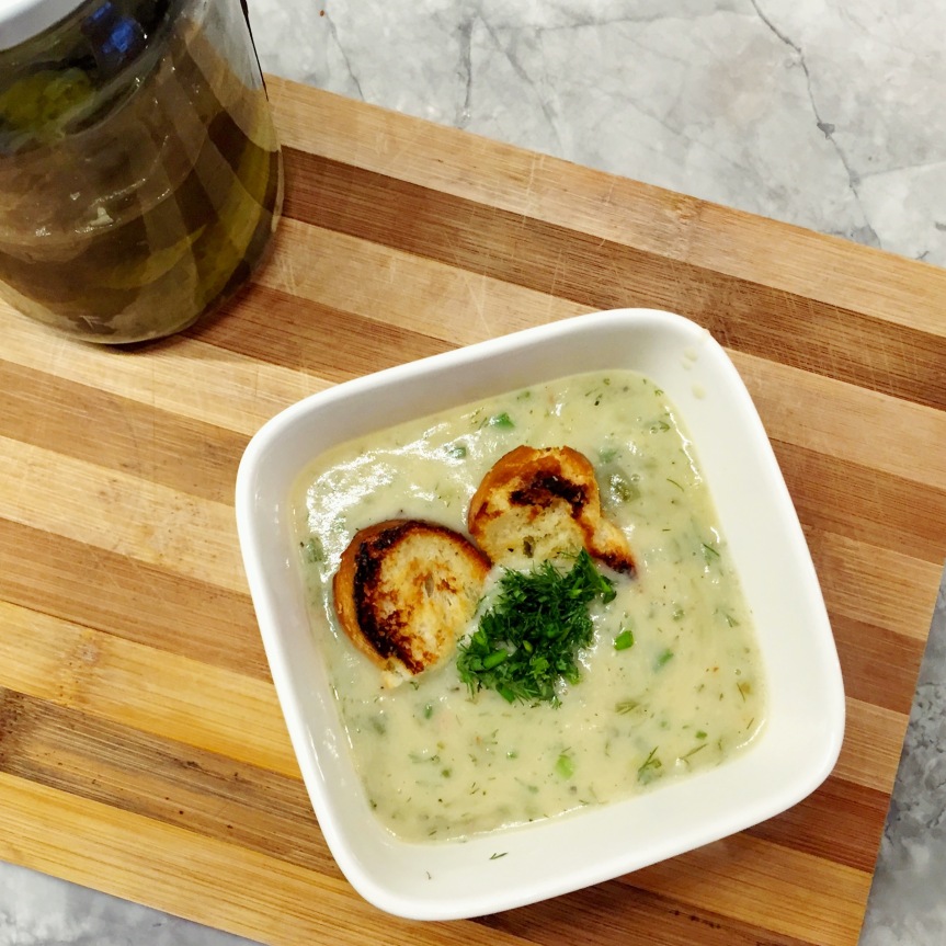 Polish Dill Pickle Soup with Brined Croutons