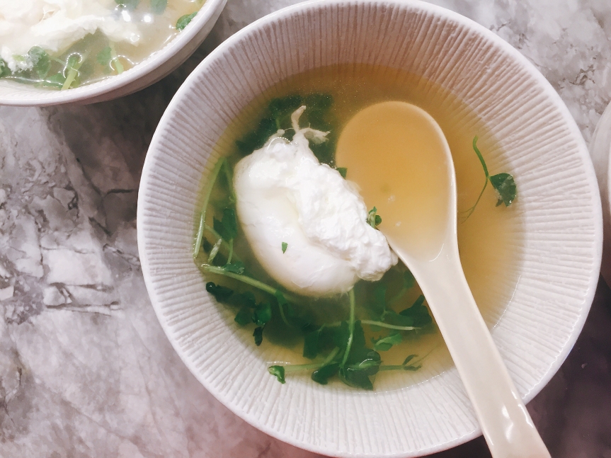 BROTH WITH PEA SHOOTS AND SOFT-BOILED EGG