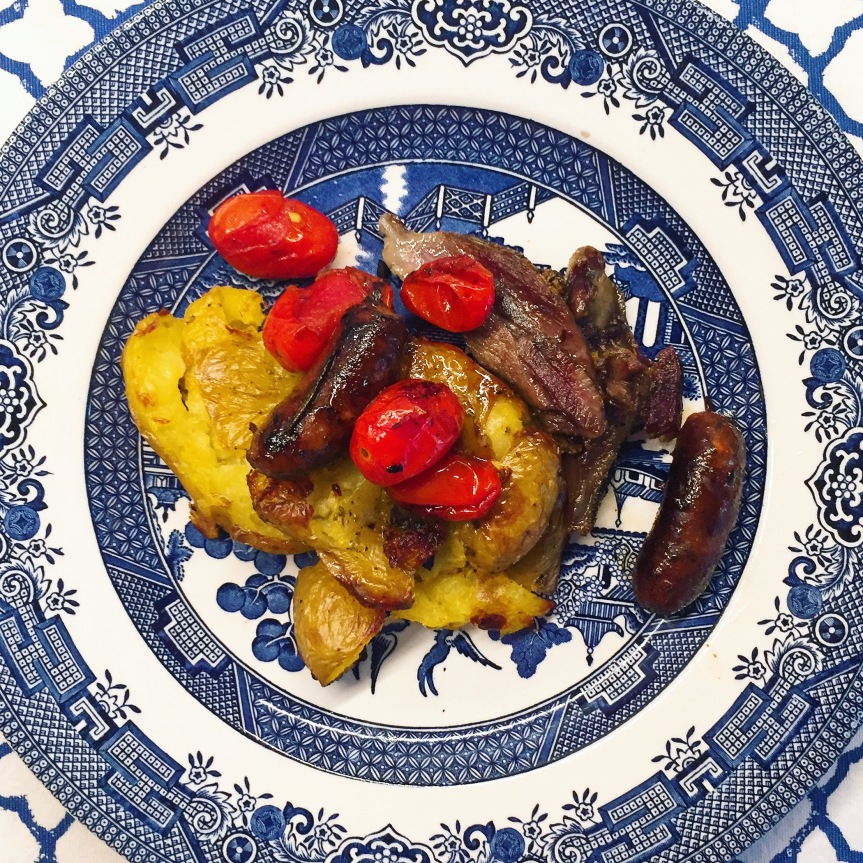Merguez Sausage With Blistered Tomatoes and Garlic Smashed Potatoes For Brunch and A Sick Day: Whole30 Day Twenty-Four