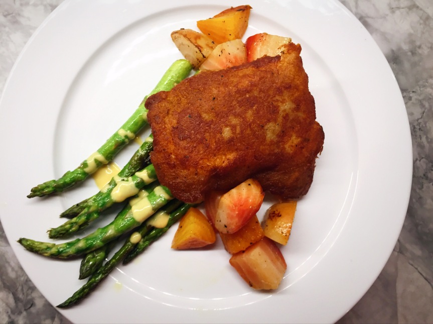 Potato Crusted Rock Hind Grouper With Dijon Asparagus Spears